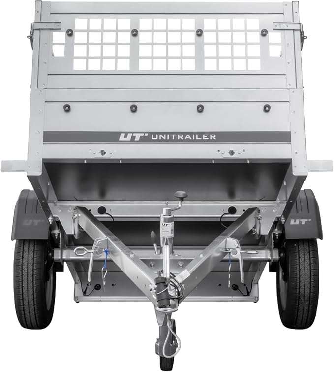 200×106 Gitteranhänger mit blauer Flachplane, Gitterwänden und Stützrad – Garden Trailer 200 KIPP