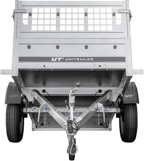 200×106 Gitteranhänger mit blauer Flachplane, Gitterwänden und Stützrad – Garden Trailer 200 KIPP