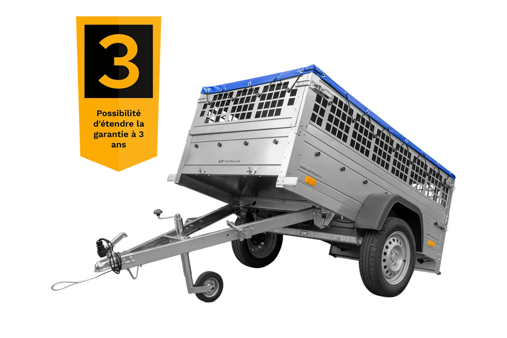200×106 Gitteranhänger mit blauer Flachplane, Gitterwänden und Stützrad – Garden Trailer 200 KIPP