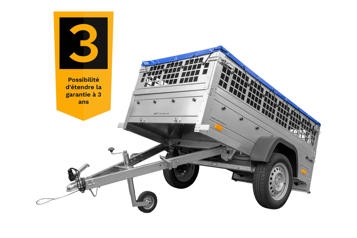200×106 Gitteranhänger mit blauer Flachplane, Gitterwänden und Stützrad – Garden Trailer 200 KIPP