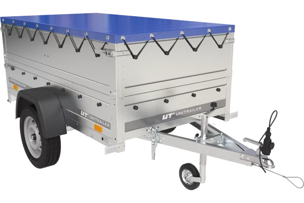 Garden Trailer 200 Kipp Einachsanhänger mit Stützrad und blauer Flachplane