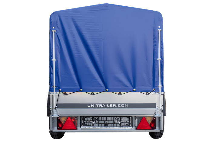 Praktischer PKW-Anhänger Garden Trailer 200 Kipp mit kippbarer Deichsel, blauer Plane