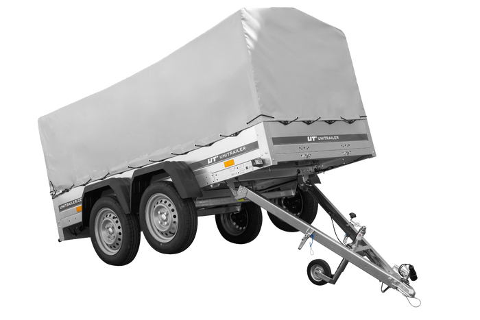 UNITRAILER 264/2 KIPP DOPPELAGS-ANHÄNGER MIT STÜTZRAD, ÜBERROLLBÜGEL UND GRAUER PLANE