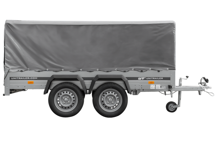 UNITRAILER 264/2 KIPP DOPPELAGS-ANHÄNGER MIT STÜTZRAD, ÜBERROLLBÜGEL UND GRAUER PLANE